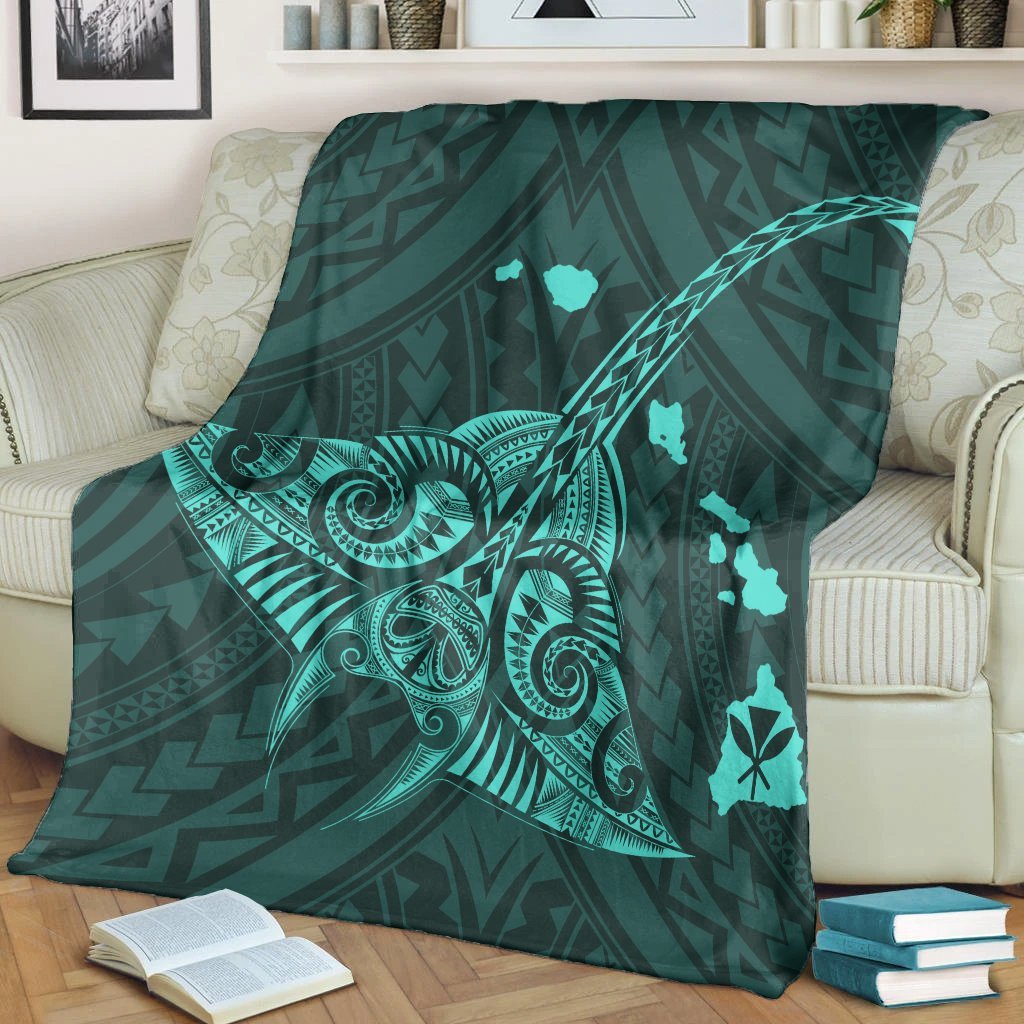 Hawaiian Map Kanaka Manta Ray Polynesian Premium Blankets Turquoise - AH - Polynesian Pride