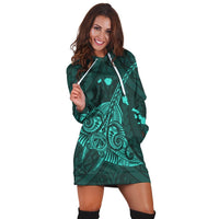 Hawaiian Map Kanaka Manta Ray Polynesian Hoodie Dress Turquoise - AH - Polynesian Pride