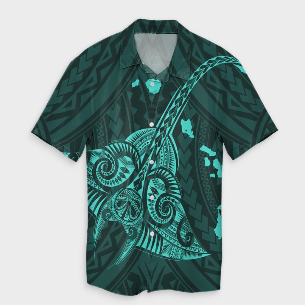 Hawaiian Map Kanaka Manta Ray Polynesian Hawaiian Shirt Turquoise - AH Unisex Black - Polynesian Pride