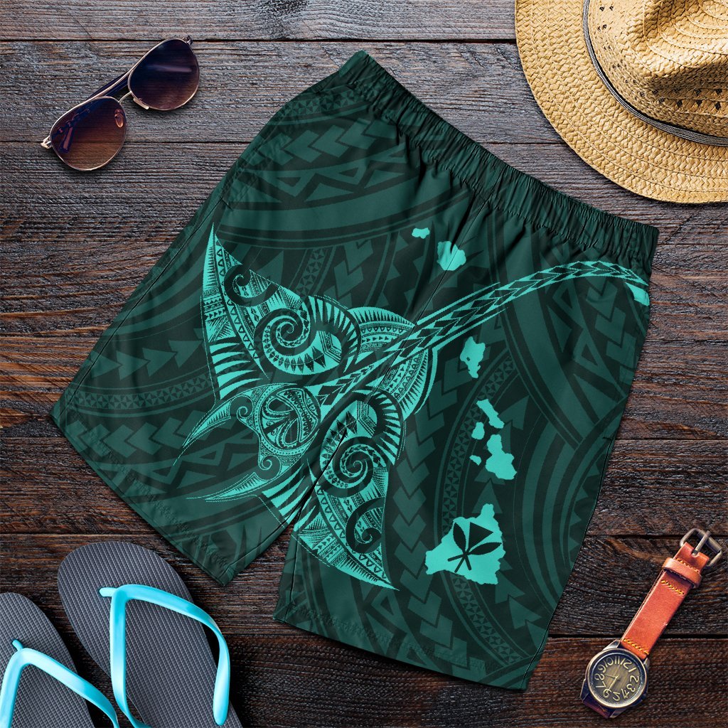 Hawaiian Map Kanaka Manta Ray Polynesian Men's Shorts Turquoise - AH Art - Polynesian Pride