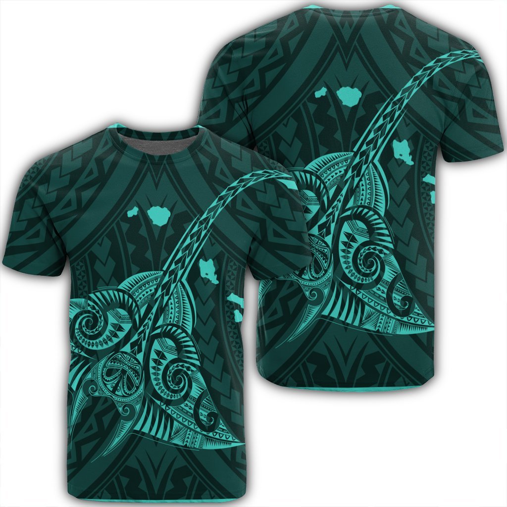 Hawaiian Map Kanaka Manta Ray Polynesian T Shirt Turquoise Unisex Black - Polynesian Pride