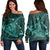 Hawaiian Map Kanaka Manta Ray Polynesian Women's Off Shoulder Sweater Turquoise - AH Black - Polynesian Pride