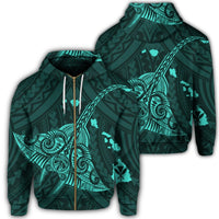 Hawaiian Map Kanaka Manta Ray Polynesian Zip Hoodie Turquoise Unisex Art - Polynesian Pride