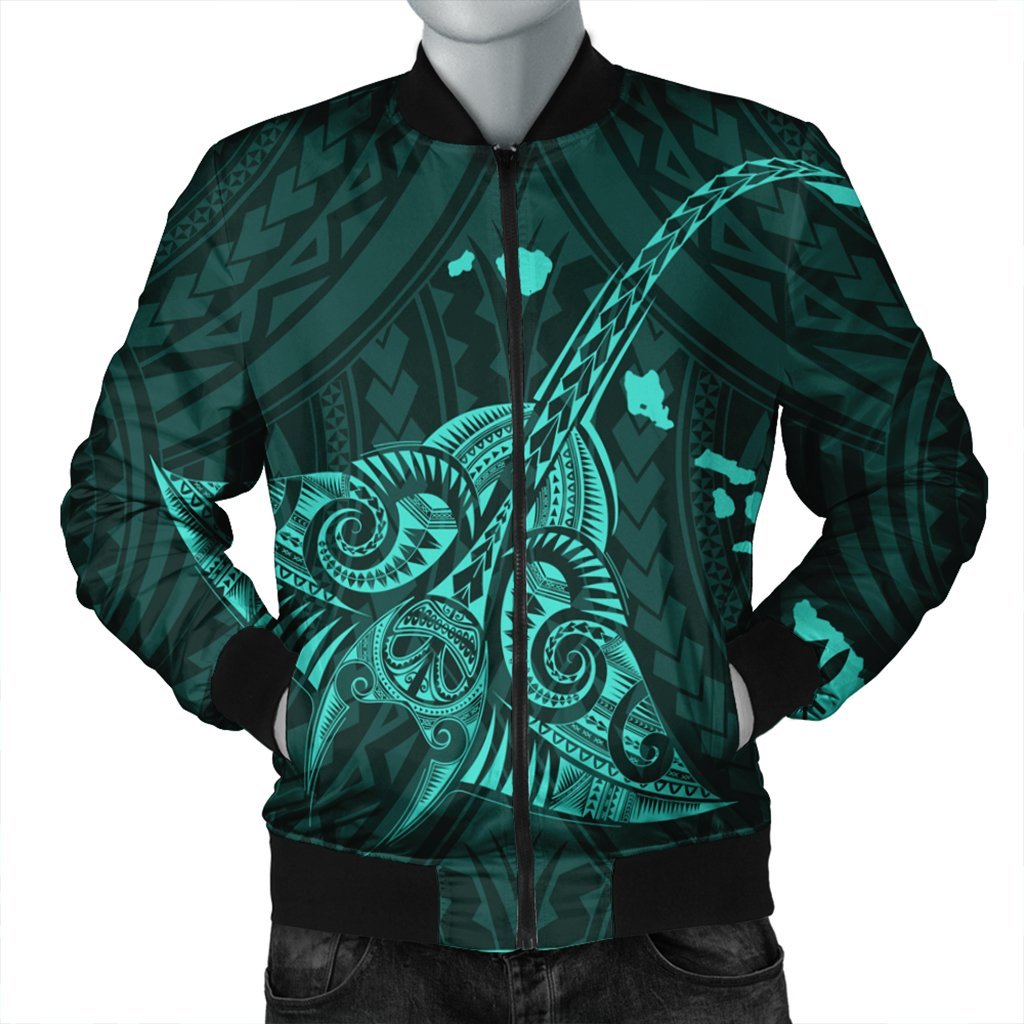 Hawaiian Map Kanaka Manta Ray Polynesian Bomber Jacket Turquoise - AH Black Unisex - Polynesian Pride