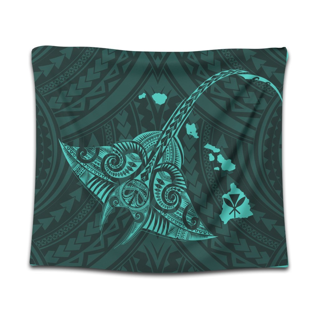 Hawaiian Map Kanaka Manta Ray Polynesian Tapestry Turquoise - AH Wall Tapestry Black - Polynesian Pride