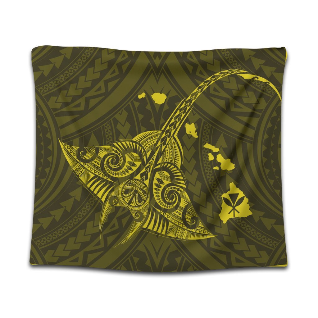 Hawaiian Map Kanaka Manta Ray Polynesian Tapestry Yellow - AH Wall Tapestry Black - Polynesian Pride