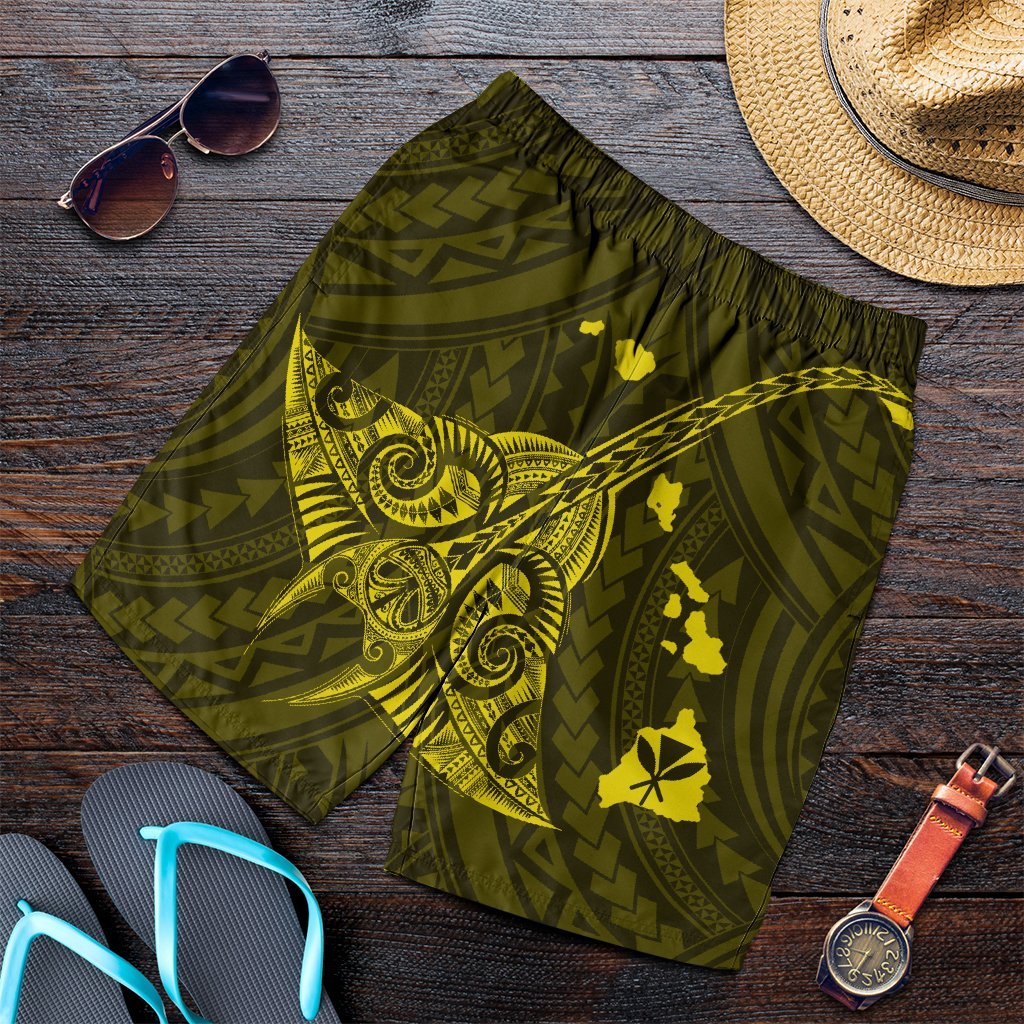 Hawaiian Map Kanaka Manta Ray Polynesian Men's Shorts Yellow - AH Art - Polynesian Pride