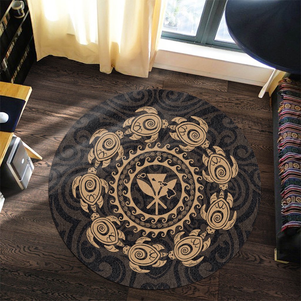 Hawaiian Map Kanaka Turtles Circle Style Gold Polynesian Round Carpet - AH - Polynesian Pride