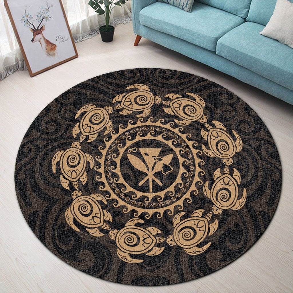 Hawaiian Map Kanaka Turtles Circle Style Gold Polynesian Round Carpet - AH - Polynesian Pride