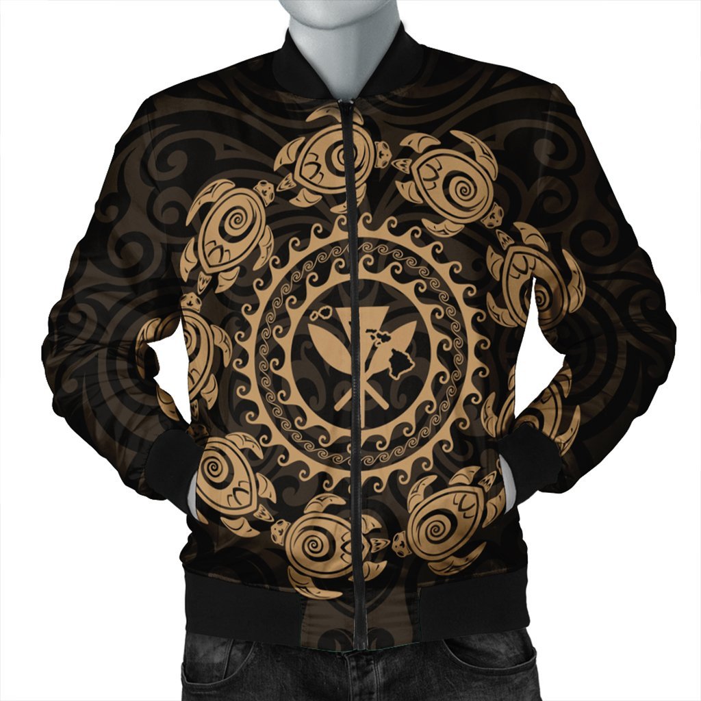 Hawaiian Map Kanaka Turtles Circle Style Gold Polynesian Bomber Jacket - AH Black Unisex - Polynesian Pride