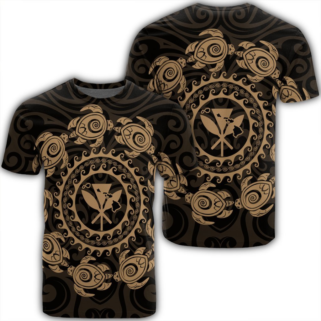 Hawaiian Map Kanaka Turtles Circle Style Gold Polynesian T Shirt Unisex Black - Polynesian Pride