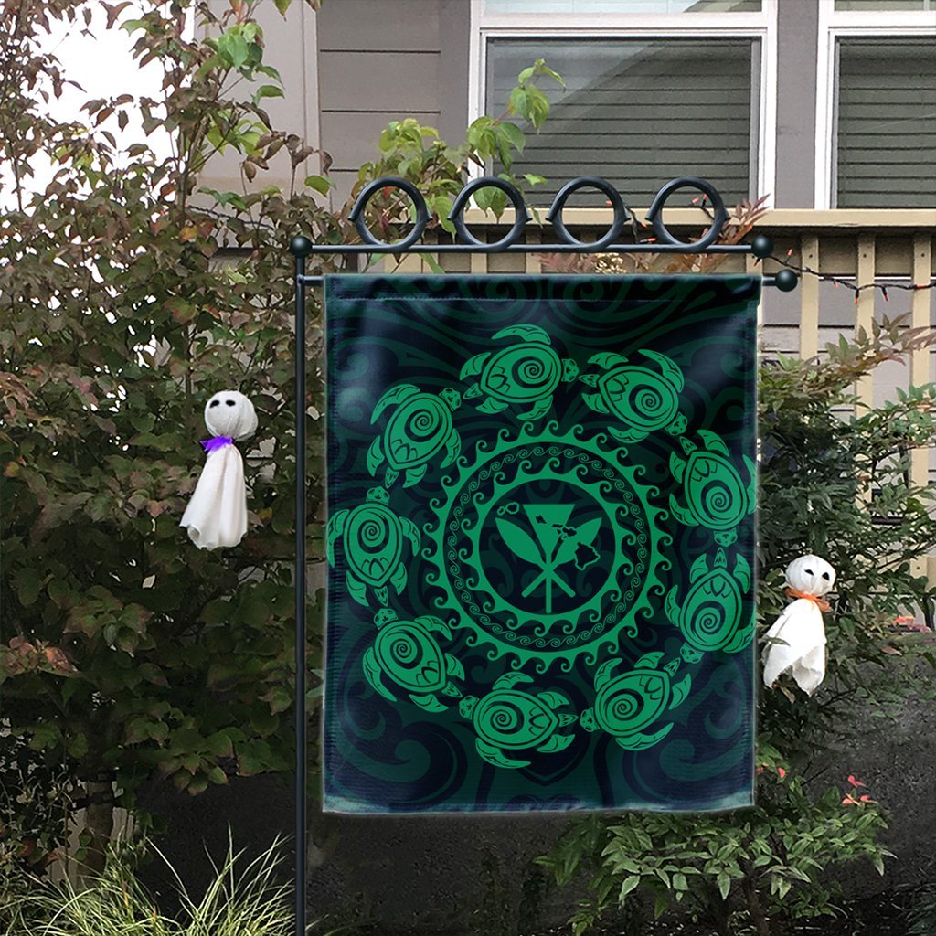 Hawaiian Map Kanaka Turtles Circle Style Green Polynesian Flag - AH - Polynesian Pride