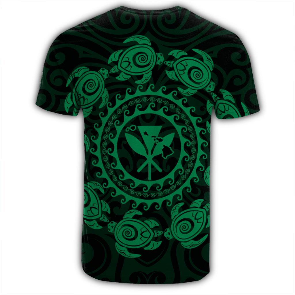 Hawaiian Map Kanaka Turtles Circle Style Green Polynesian T Shirt - Polynesian Pride