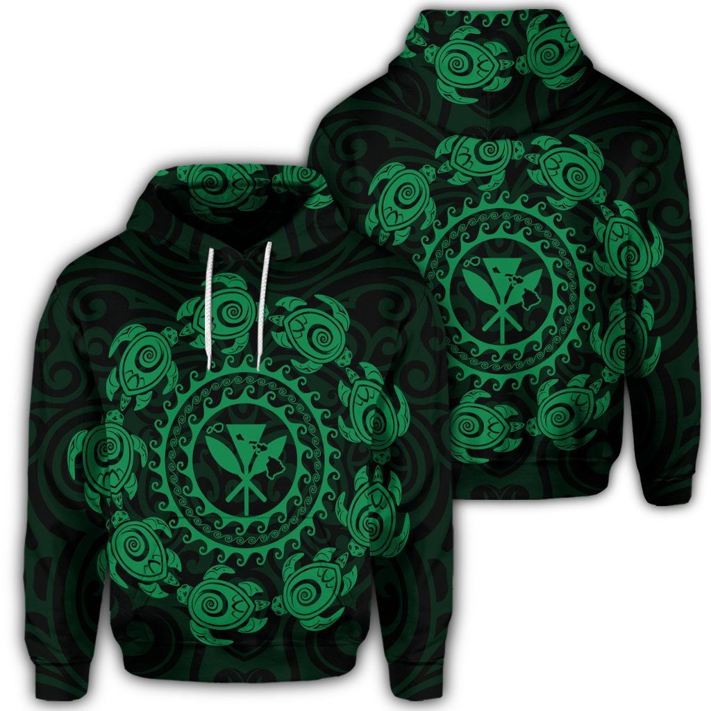 Hawaiian Map Kanaka Turtles Circle Style Green Polynesian Hoodie Unisex Art - Polynesian Pride