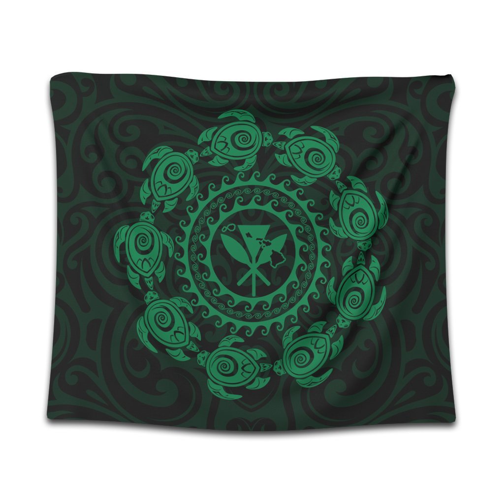 Hawaiian Map Kanaka Turtles Circle Style Green Polynesian Tapestry - AH Wall Tapestry Black - Polynesian Pride