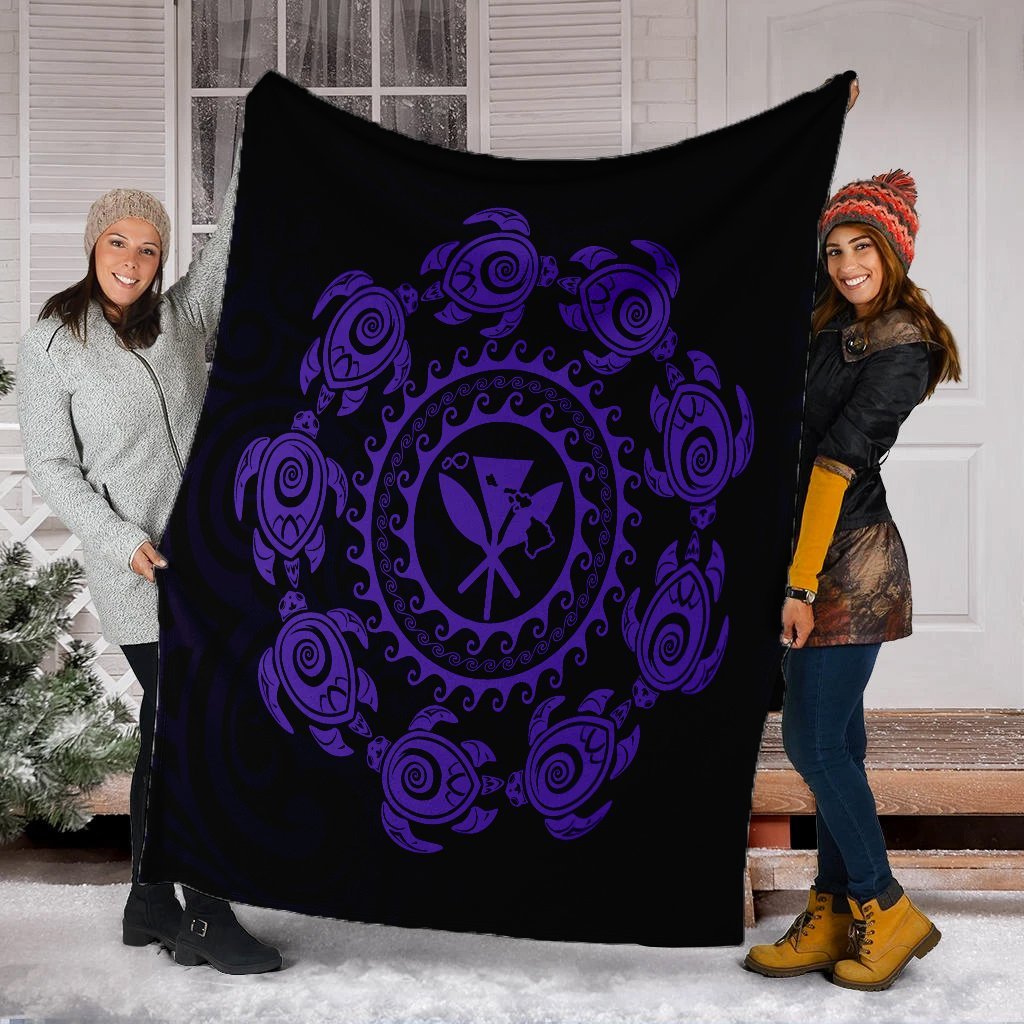 Hawaiian Map Kanaka Turtles Circle Style Purple Polynesian Premium Blankets - AH - Polynesian Pride