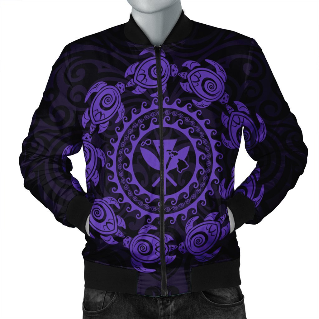 Hawaiian Map Kanaka Turtles Circle Style Purple Polynesian Bomber Jacket - AH Black Unisex - Polynesian Pride