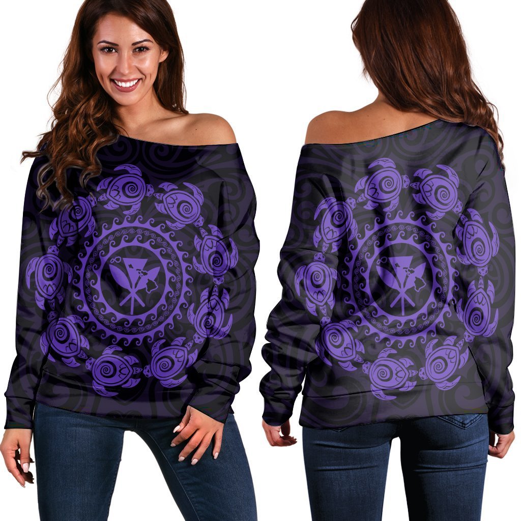 Hawaiian Map Kanaka Turtles Circle Style Purple Polynesian Women's Off Shoulder Sweater - AH Black - Polynesian Pride