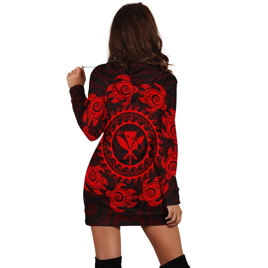 Hawaiian Map Kanaka Turtles Circle Style Red Polynesian Hoodie Dress - AH - Polynesian Pride