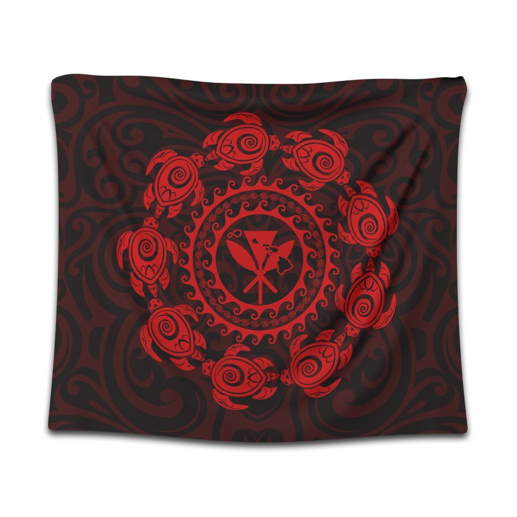 Hawaiian Map Kanaka Turtles Circle Style Red Polynesian Tapestry - AH Wall Tapestry Black - Polynesian Pride