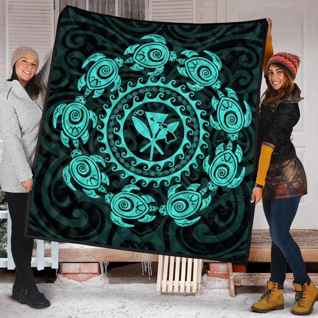 Hawaiian Map Kanaka Turtles Circle Style Turquoise Polynesian Premium Quilts - AH - Polynesian Pride