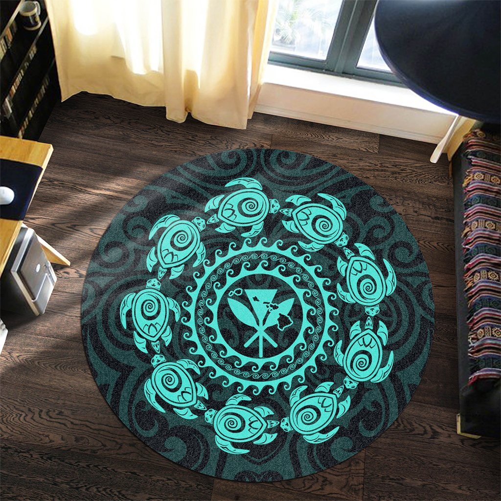 Hawaiian Map Kanaka Turtles Circle Style Turquoise Polynesian Round Carpet - AH - Polynesian Pride
