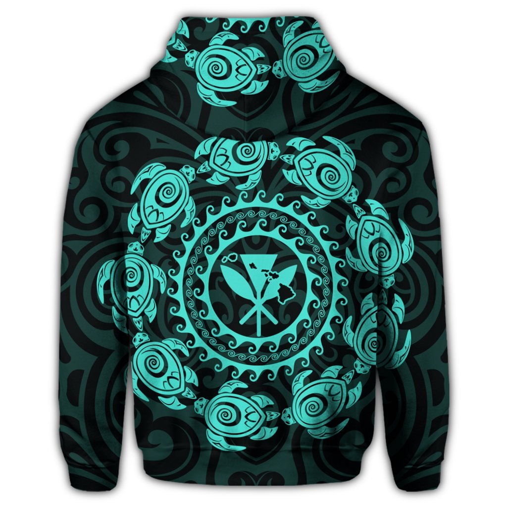 Hawaiian Map Kanaka Turtles Circle Style Turquoise Polynesian Zip Hoodie - Polynesian Pride