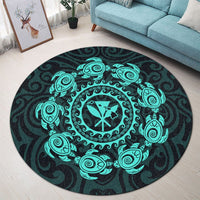 Hawaiian Map Kanaka Turtles Circle Style Turquoise Polynesian Round Carpet - AH - Polynesian Pride