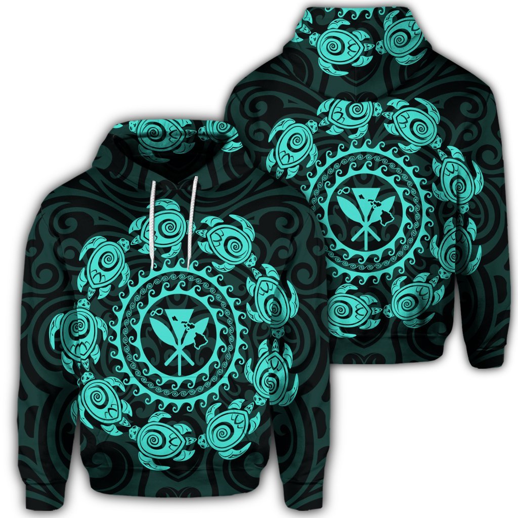 Hawaiian Map Kanaka Turtles Circle Style Turquoise Polynesian Hoodie Unisex Art - Polynesian Pride