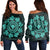 Hawaiian Map Kanaka Turtles Circle Style Turquoise Polynesian Women's Off Shoulder Sweater - AH Black - Polynesian Pride