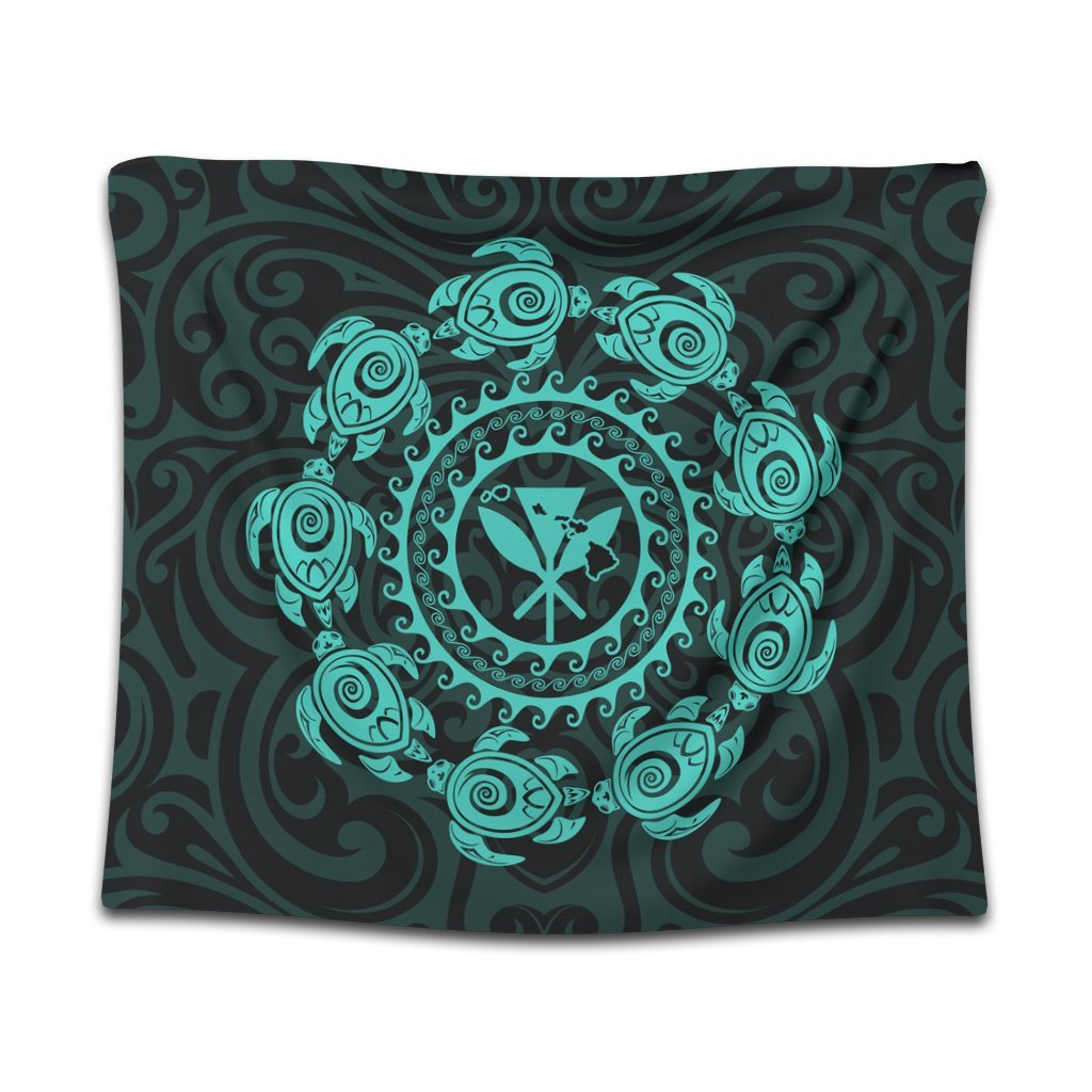 Hawaiian Map Kanaka Turtles Circle Style Turquoise Polynesian Tapestry - AH Wall Tapestry Black - Polynesian Pride