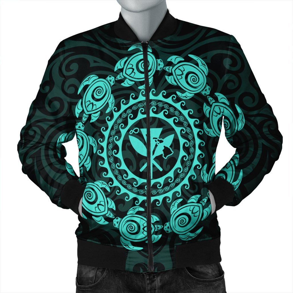 Hawaiian Map Kanaka Turtles Circle Style Turquoise Polynesian Bomber Jacket - AH Black Unisex - Polynesian Pride