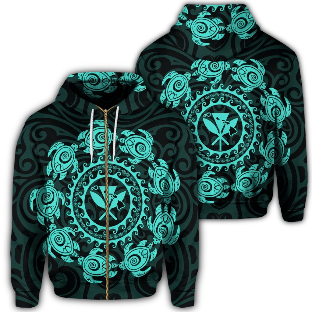 Hawaiian Map Kanaka Turtles Circle Style Turquoise Polynesian Zip Hoodie Unisex Art - Polynesian Pride