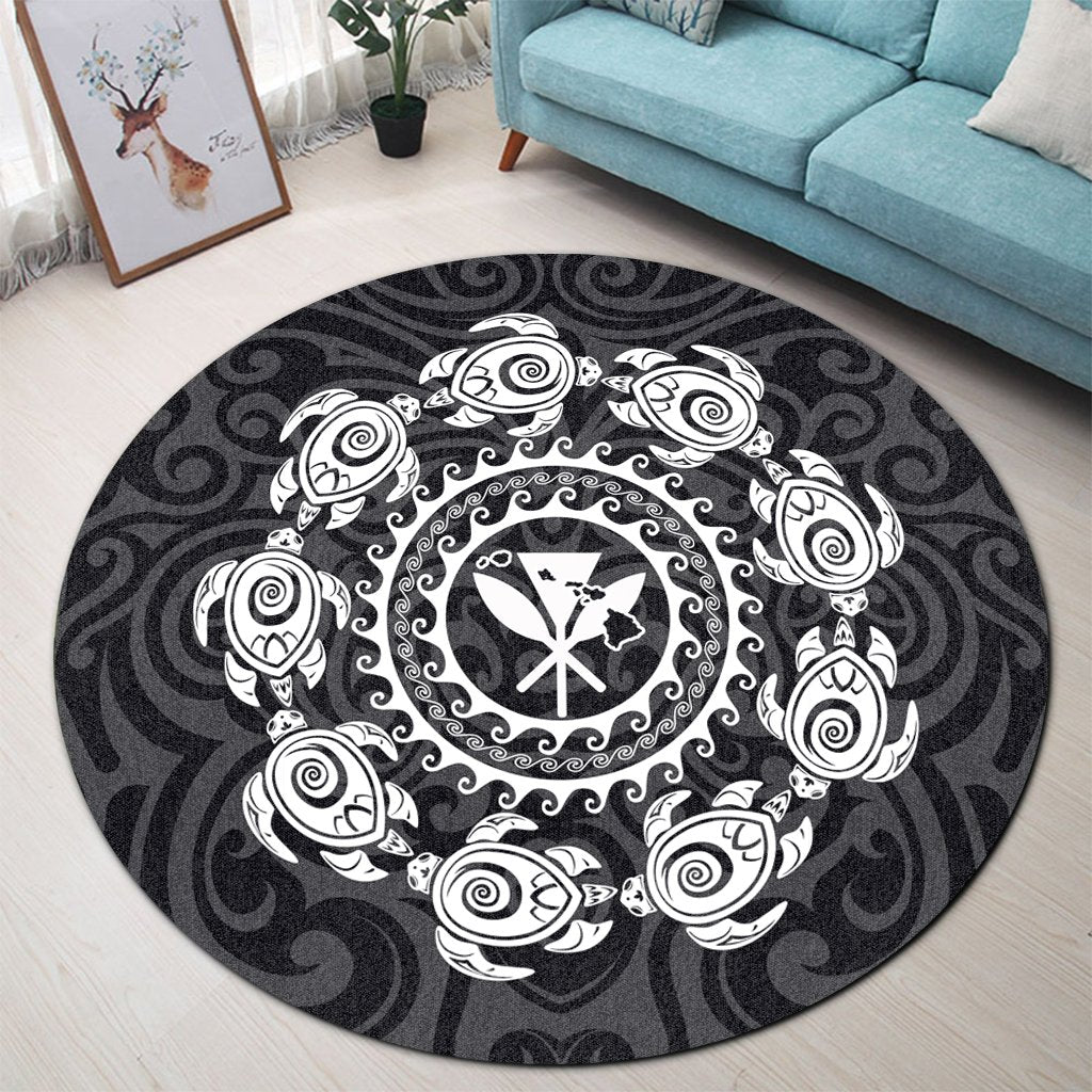 Hawaiian Map Kanaka Turtles Circle Style White Polynesian Round Carpet - AH - Polynesian Pride