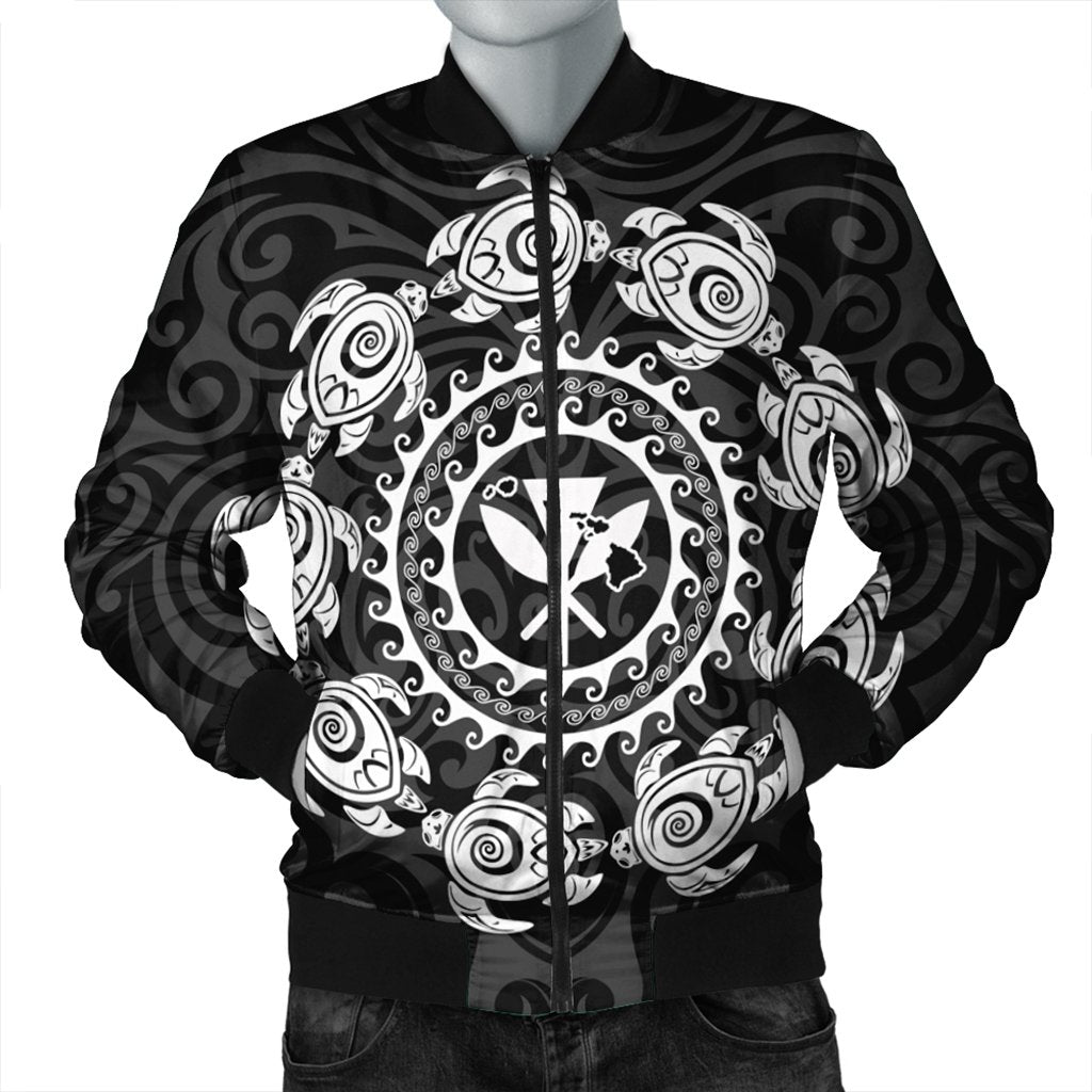 Hawaiian Map Kanaka Turtles Circle Style White Polynesian Bomber Jacket - AH Black Unisex - Polynesian Pride