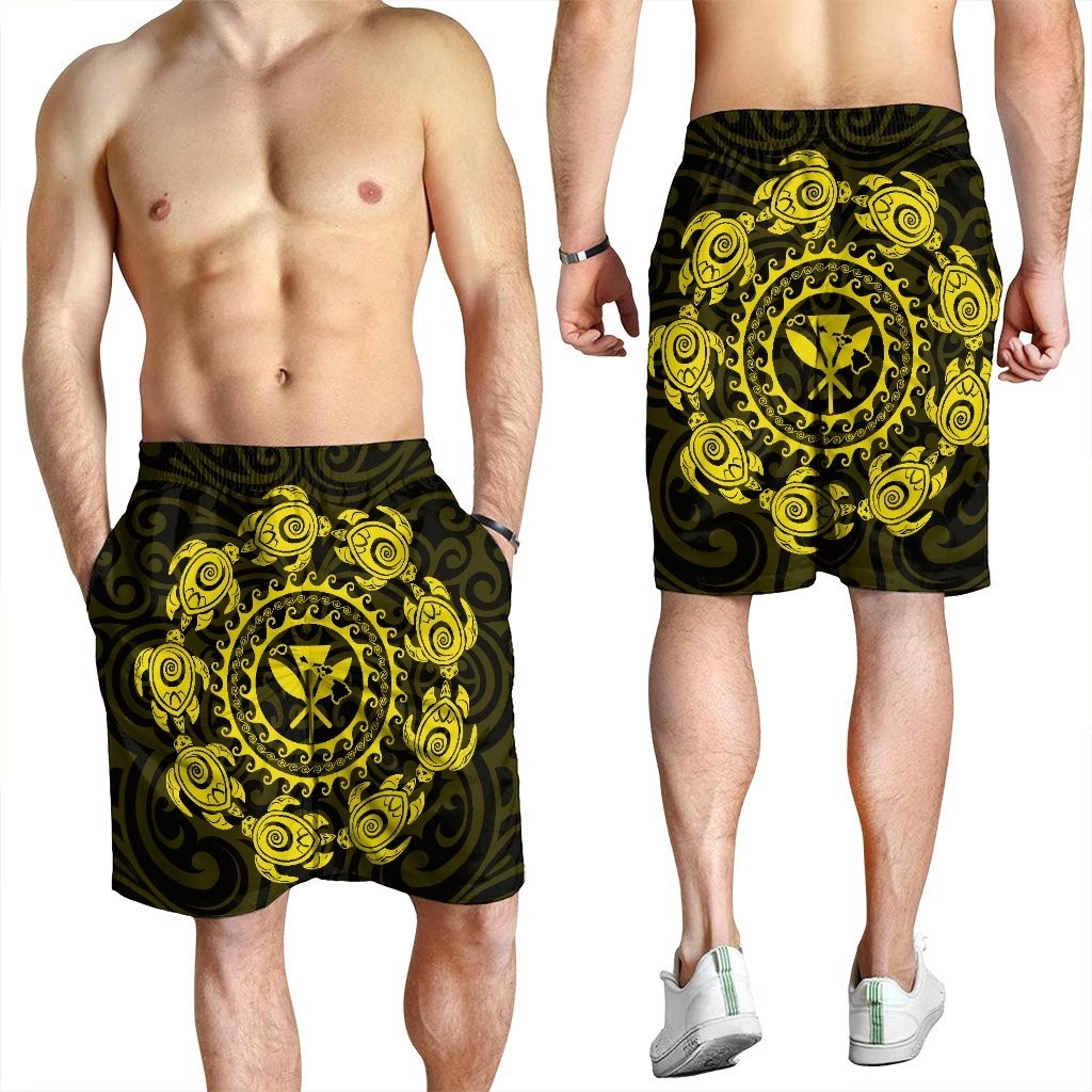 Hawaiian Map Kanaka Turtles Circle Style Yellow Polynesian Men's Shorts - AH - Polynesian Pride