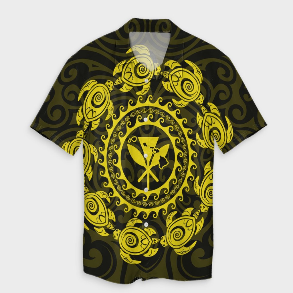 Hawaiian Map Kanaka Turtles Circle Style Yellow Polynesian Hawaiian Shirt - AH Unisex Black - Polynesian Pride