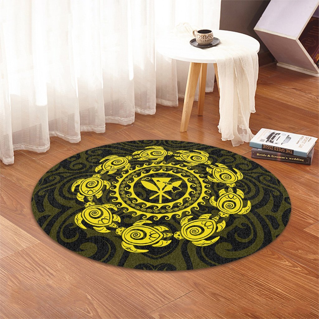 Hawaiian Map Kanaka Turtles Circle Style Yellow Polynesian Round Carpet - AH - Polynesian Pride