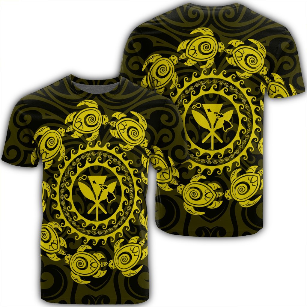 Hawaiian Map Kanaka Turtles Circle Style Yellow Polynesian T Shirt Unisex Black - Polynesian Pride