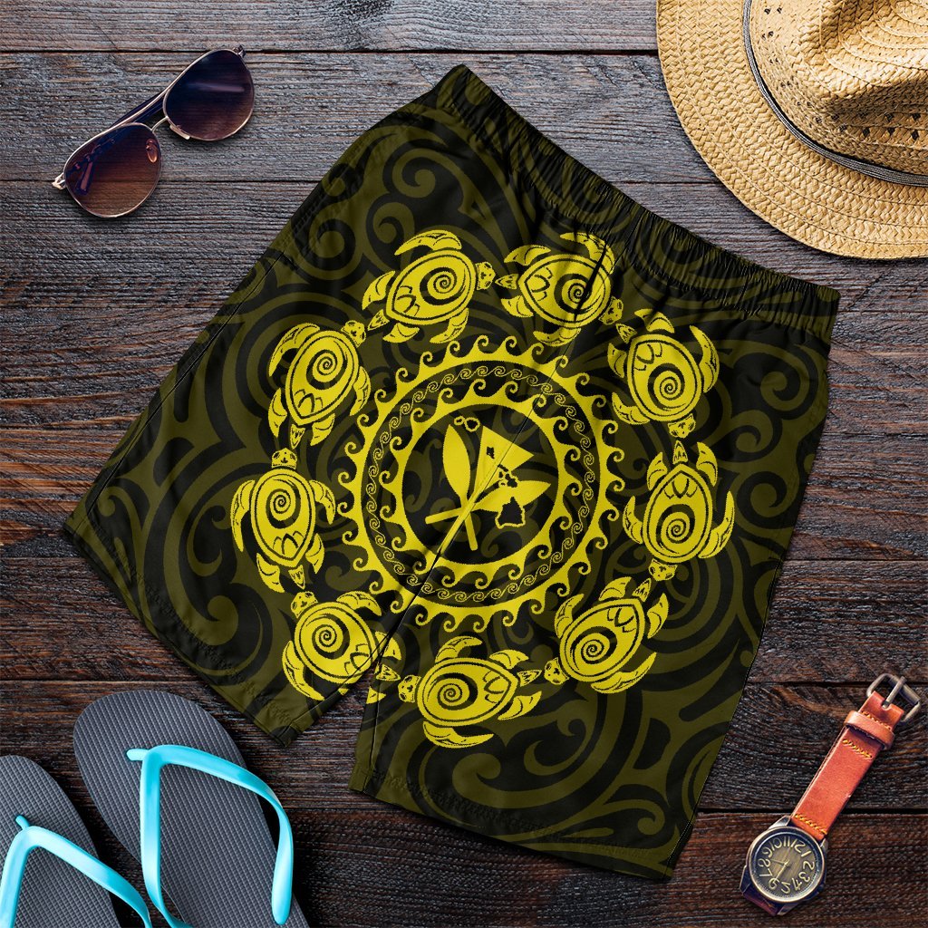 Hawaiian Map Kanaka Turtles Circle Style Yellow Polynesian Men's Shorts - AH Art - Polynesian Pride