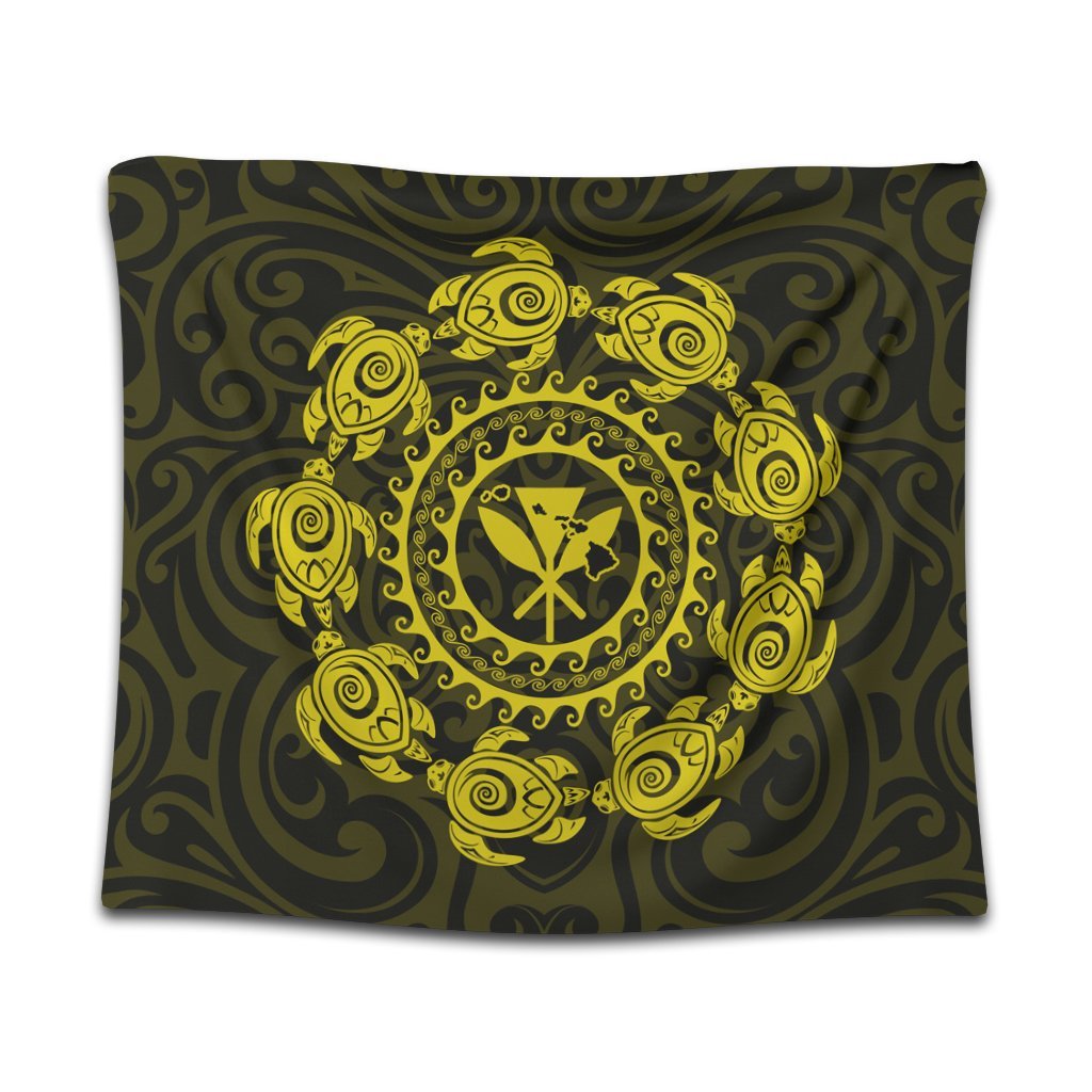 Hawaiian Map Kanaka Turtles Circle Style Yellow Polynesian Tapestry - AH Wall Tapestry Black - Polynesian Pride