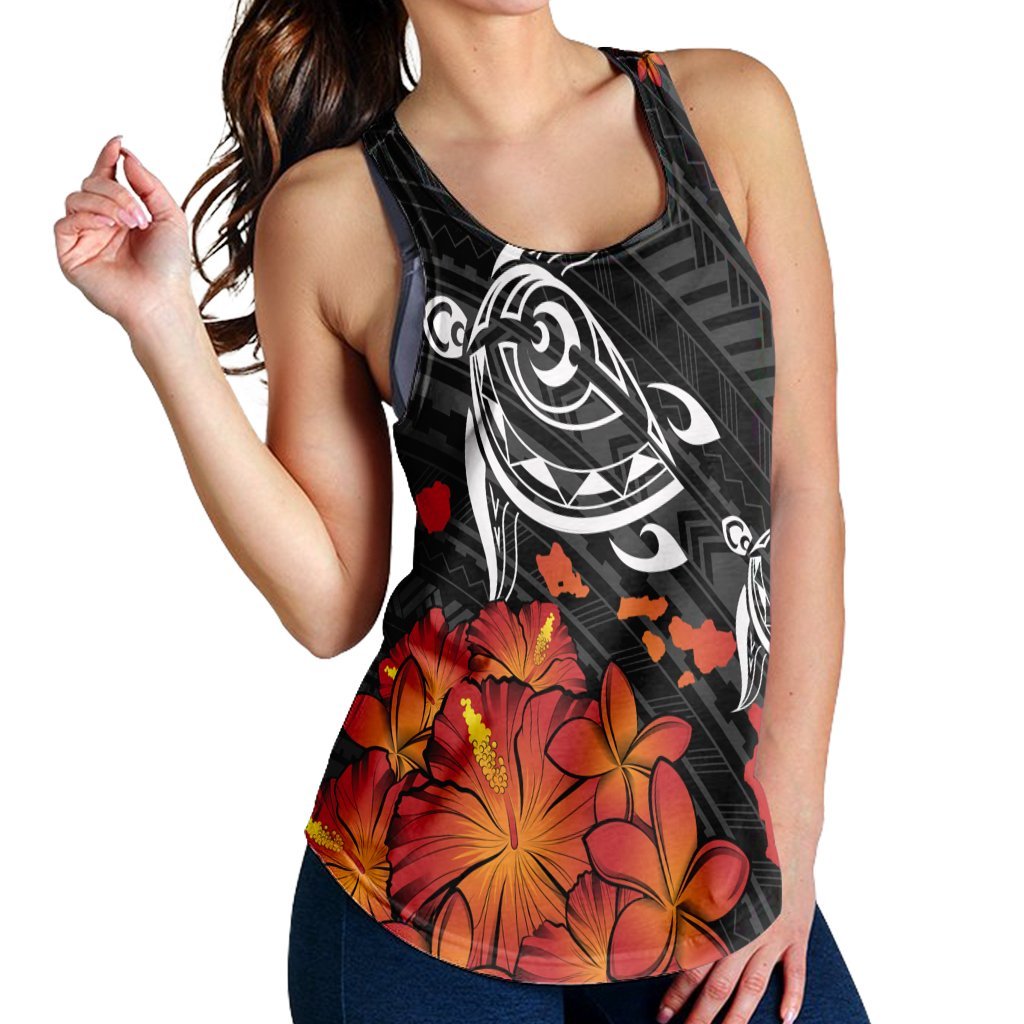 Hawaiian Map Kanaka Turtles Hibiscus Plumeria Racerback Tank - AH - Polynesian Pride