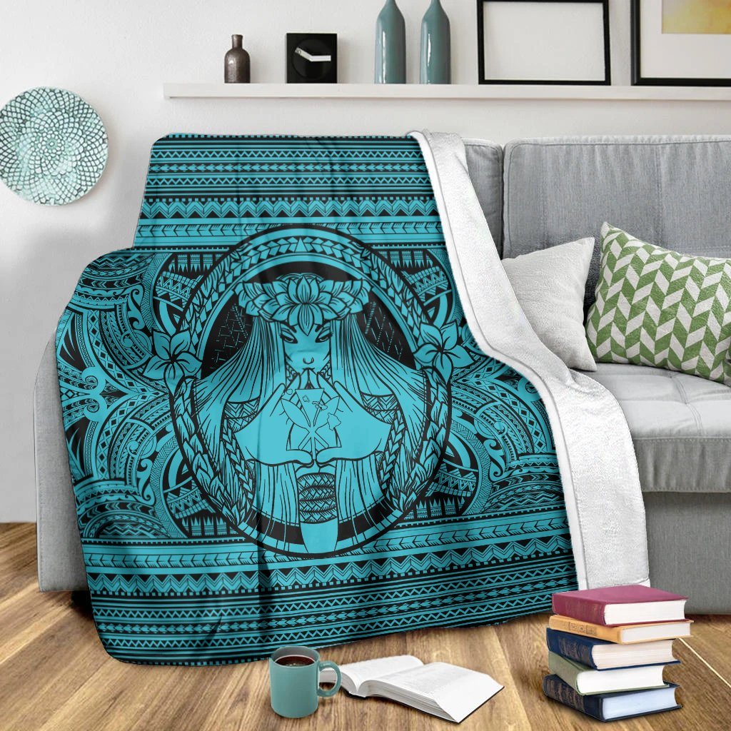 Hawaiian Map Madame Pele Kanaka Plumeria Polynesian Premium Blankets Blue AH - Polynesian Pride