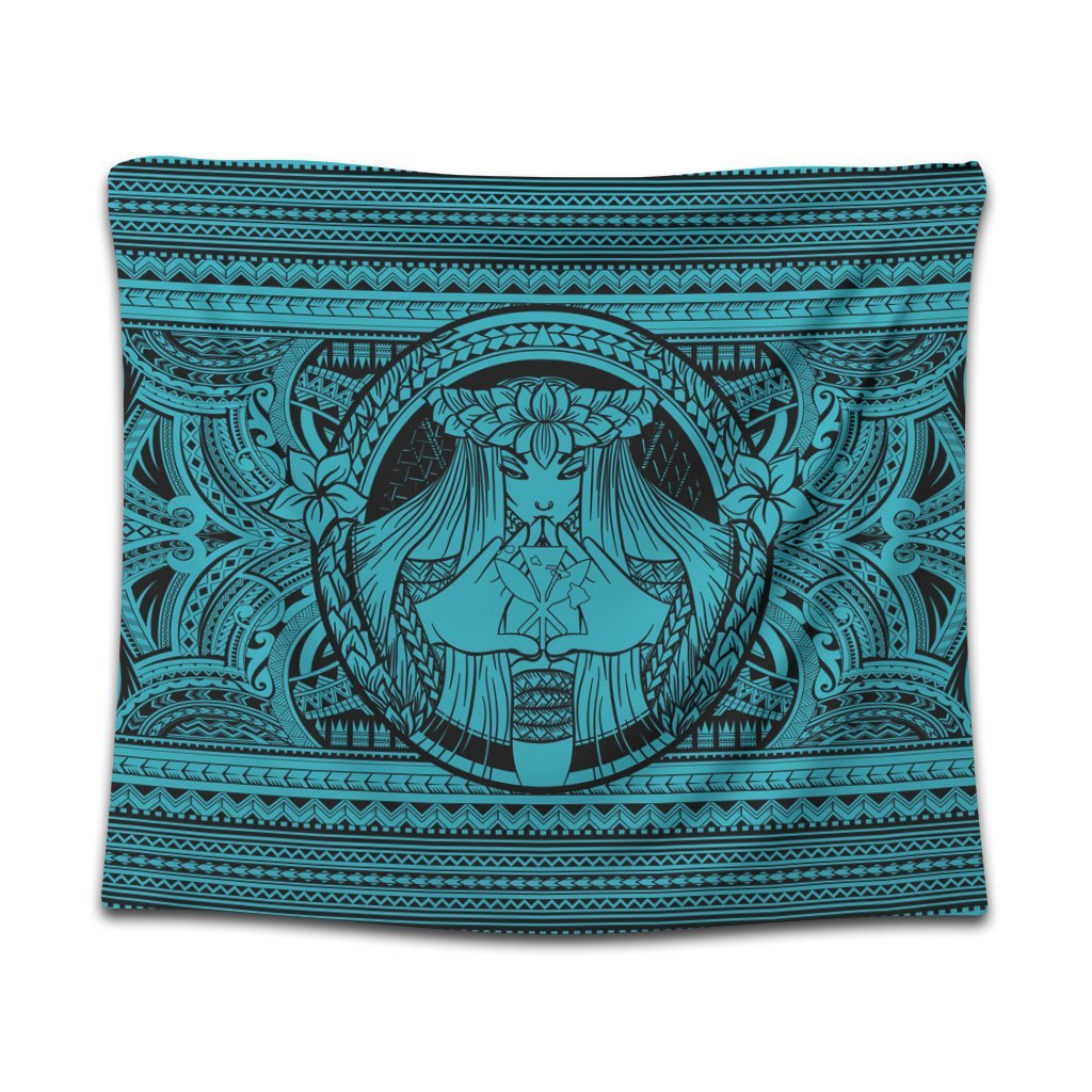 Hawaiian Map Madame Pele Kanaka Plumeria Polynesian Tapestry Blue AH Wall Tapestry Black - Polynesian Pride