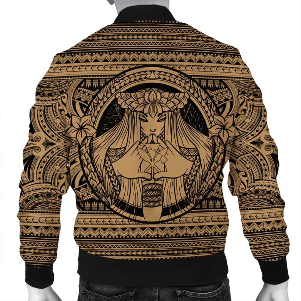 Hawaiian Map Madame Pele Kanaka Plumeria Polynesian Bomber Jacket Gold AH - Polynesian Pride