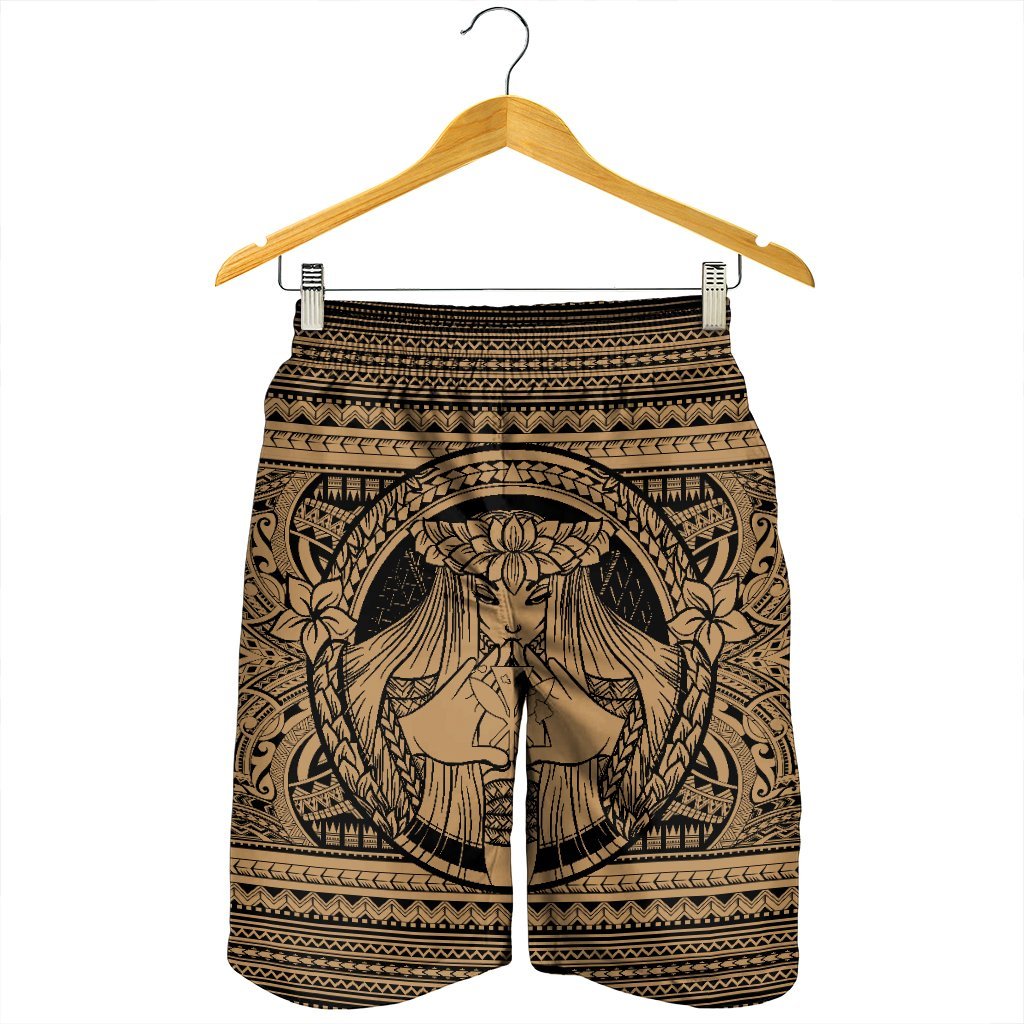 Hawaiian Map Madame Pele Kanaka Plumeria Polynesian Men's Shorts Gold AH - Polynesian Pride