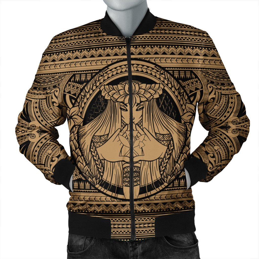 Hawaiian Map Madame Pele Kanaka Plumeria Polynesian Bomber Jacket Gold AH Black Unisex - Polynesian Pride