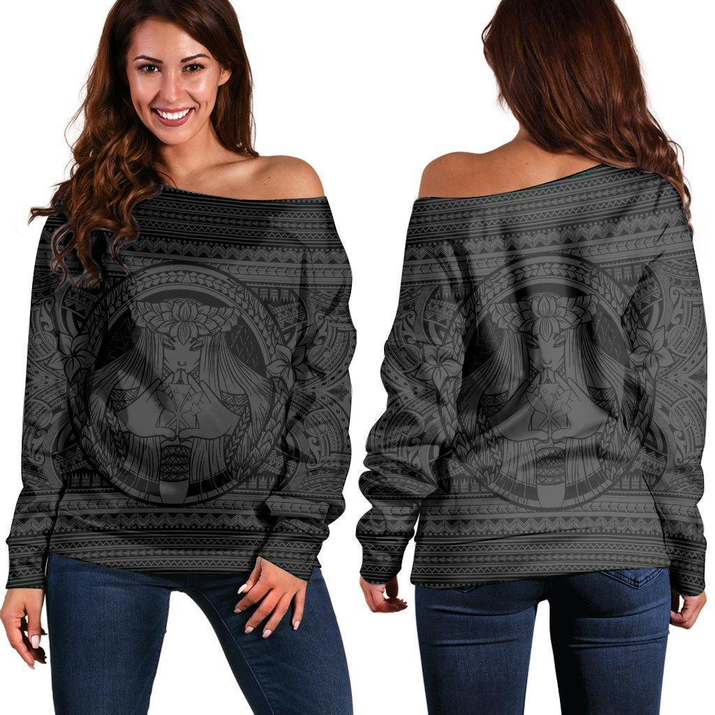 Hawaiian Map Madame Pele Kanaka Plumeria Polynesian Women's Off Shoulder Sweater Gray AH Black - Polynesian Pride