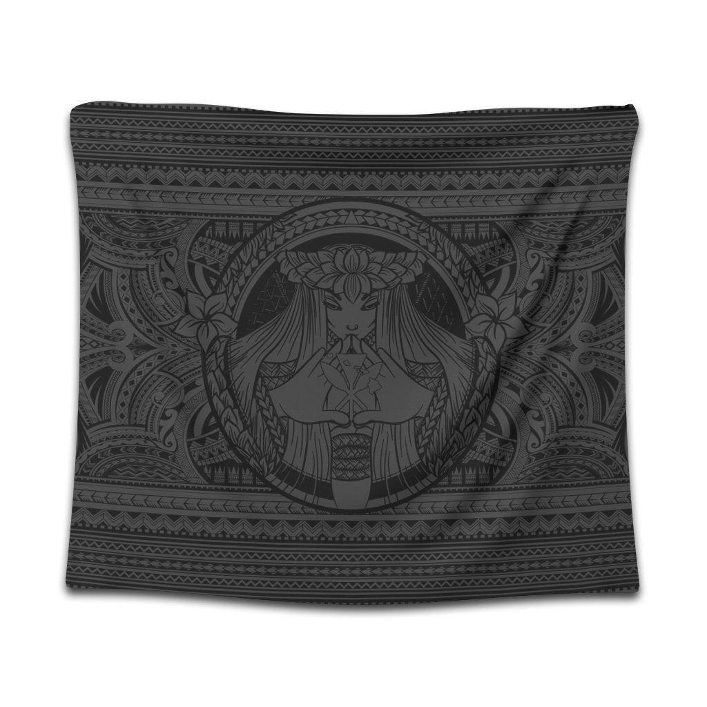 Hawaiian Map Madame Pele Kanaka Plumeria Polynesian Tapestry Gray AH Wall Tapestry Black - Polynesian Pride