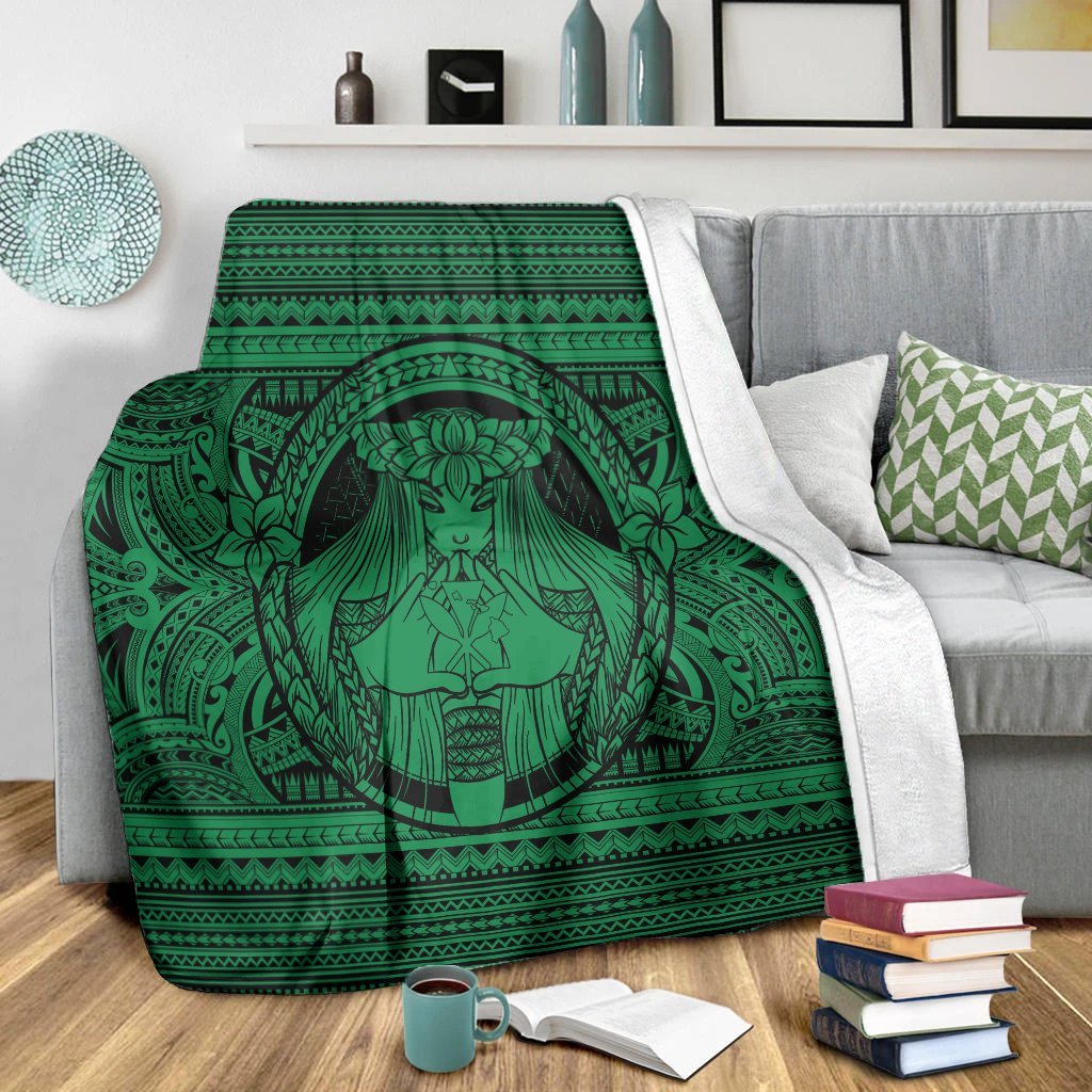 Hawaiian Map Madame Pele Kanaka Plumeria Polynesian Premium Blankets Green AH - Polynesian Pride